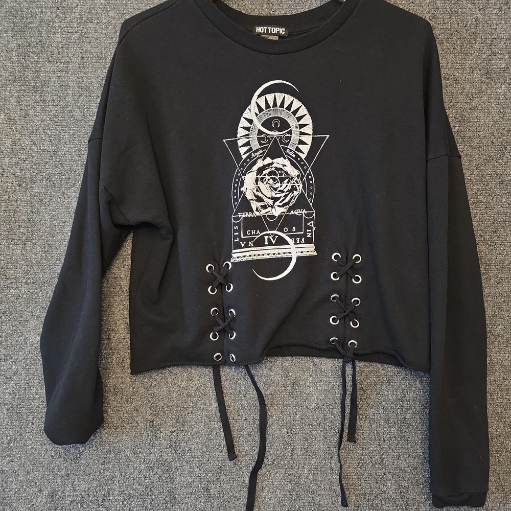 Hot Topic‎ Shirt Juniors L Black Celestial Lace Up Cropped Graphic Gothic Top
